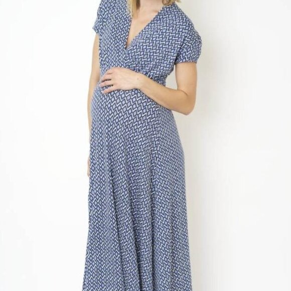 Nom Maternity L Blue White Geometric Faux Wrap Maxi Dress - Picture 1 of 8